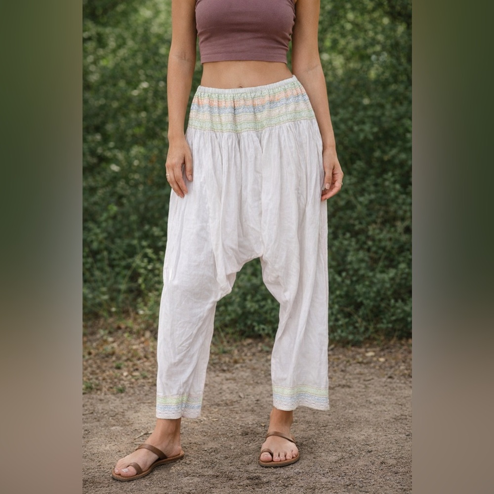 Women’s White Harem Pants with Pastel Trim